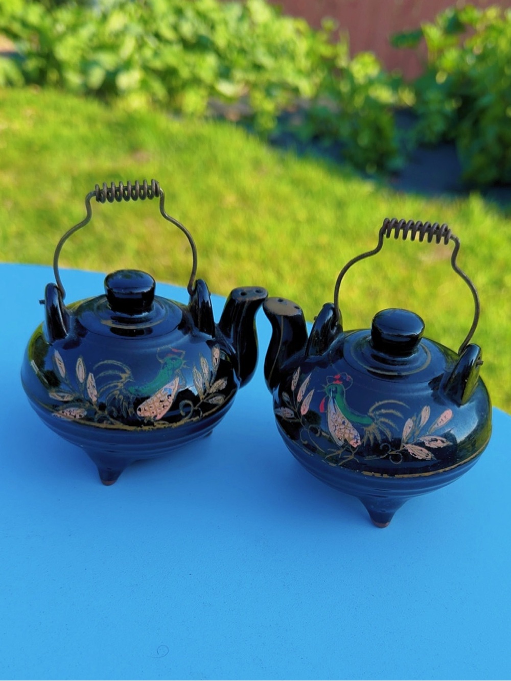 Black Hand-Painted Ceramic Vase Pair with Rooster Motif